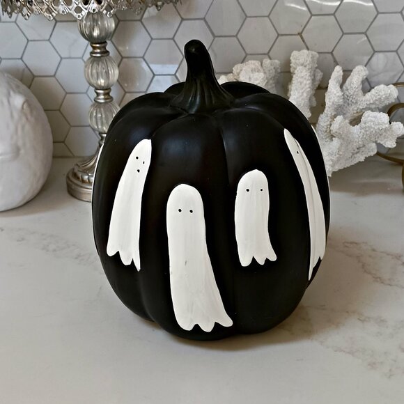 NEW! BOHO FARMHOUSE PAINTED GHOSTS PUMPKIN - Picture 1 of 4